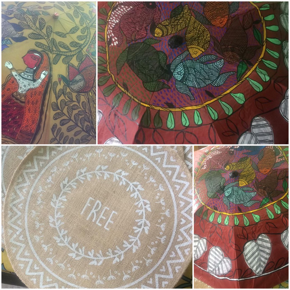MudraasS's tweet photo. Weekend fair at Dharamshala! 
Some new items added.
Sp attraction is umbrella with 'Madhubani painting ' and painted jute table covers.
# Near club Mahindra,Dharamshala, HP https://t.co/Lbv07xhMhA