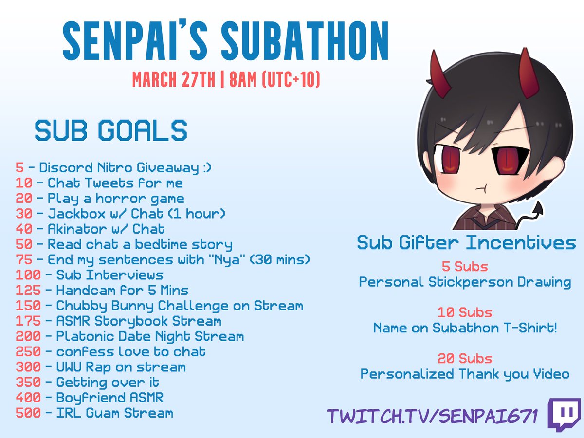 HEY!
I'm hosting my FIRST ever 12 Hour Subathon on March 27th!

I appreciate the all of you, and would love it if you stopped by for some games and activities :D

Hope to see you guys there! Stay comfy :)

losers &gt;:)