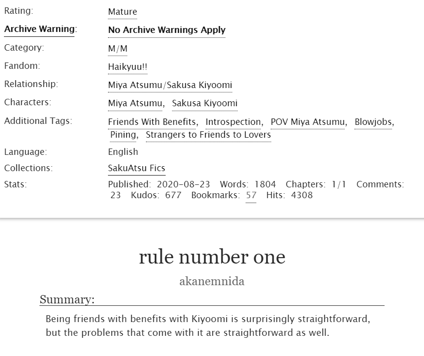 bottomikun's tweet image. [rule number one]
#sakuatsu, 1.8k, M, fwb with introspection

Being friends with benefits with Kiyoomi is surprisingly straightforward, but the problems that come with it are straightforward as well.

archiveofourown.org/works/26062990

[fic repromo!]