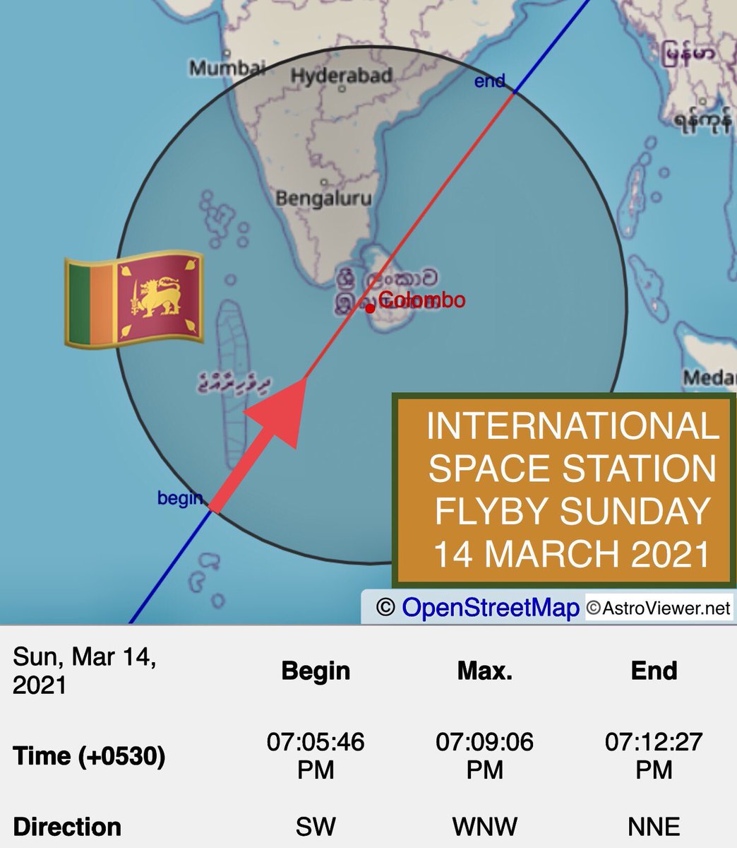 srilankatech's tweet photo. International Space Station flyby 
Sunday March 14, 2021 
Sri Lanka 
19:05 Hrs https://t.co/euTua7CvYr