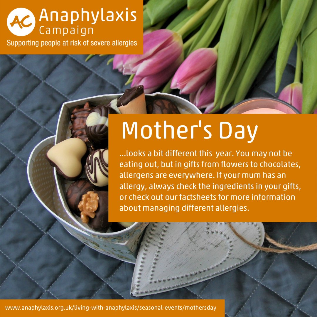 AnaphylaxisUK's tweet image. Mother's Day looks a bit different this year. You may not be eating out, but in gifts from flowers to chocolates, allergens are everywhere. If your mum has an allergy, check out our factsheets for more information about managing different allergies. ow.ly/tzH650DJrBv