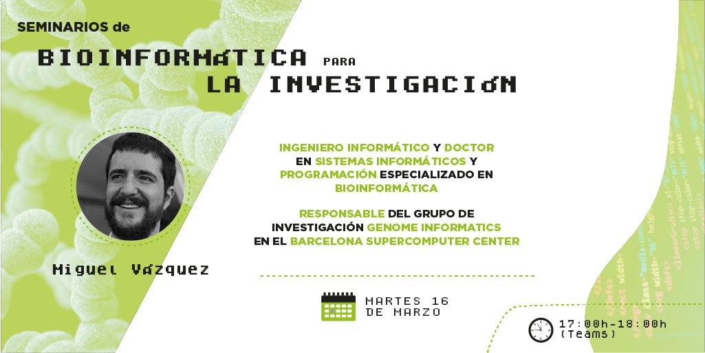 BioinforUSJ's tweet photo. El martes acogeremos en el seminario "Bioinformatica para la Investigación" a Miguel Vázquez del @BSC_CNS. Experto en análisis de datos para genomica,farmaco-dinamica o análisis funcional mostrará la versatilidad de la #bioinformatica.
Inscripciones 👉 https://t.co/cwiNUI0Kc2 https://t.co/fCT4431Sc8