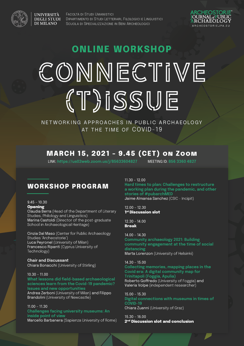 How physical barriers impact museums and archaeological projects at the time of #COVID19? 

If you want to know more from the voices of our speakers,
join our online #workshop tomorrow, March 15th!

➡️archeostoriejpa.eu/connective-tis…
#pubarch #archaeology