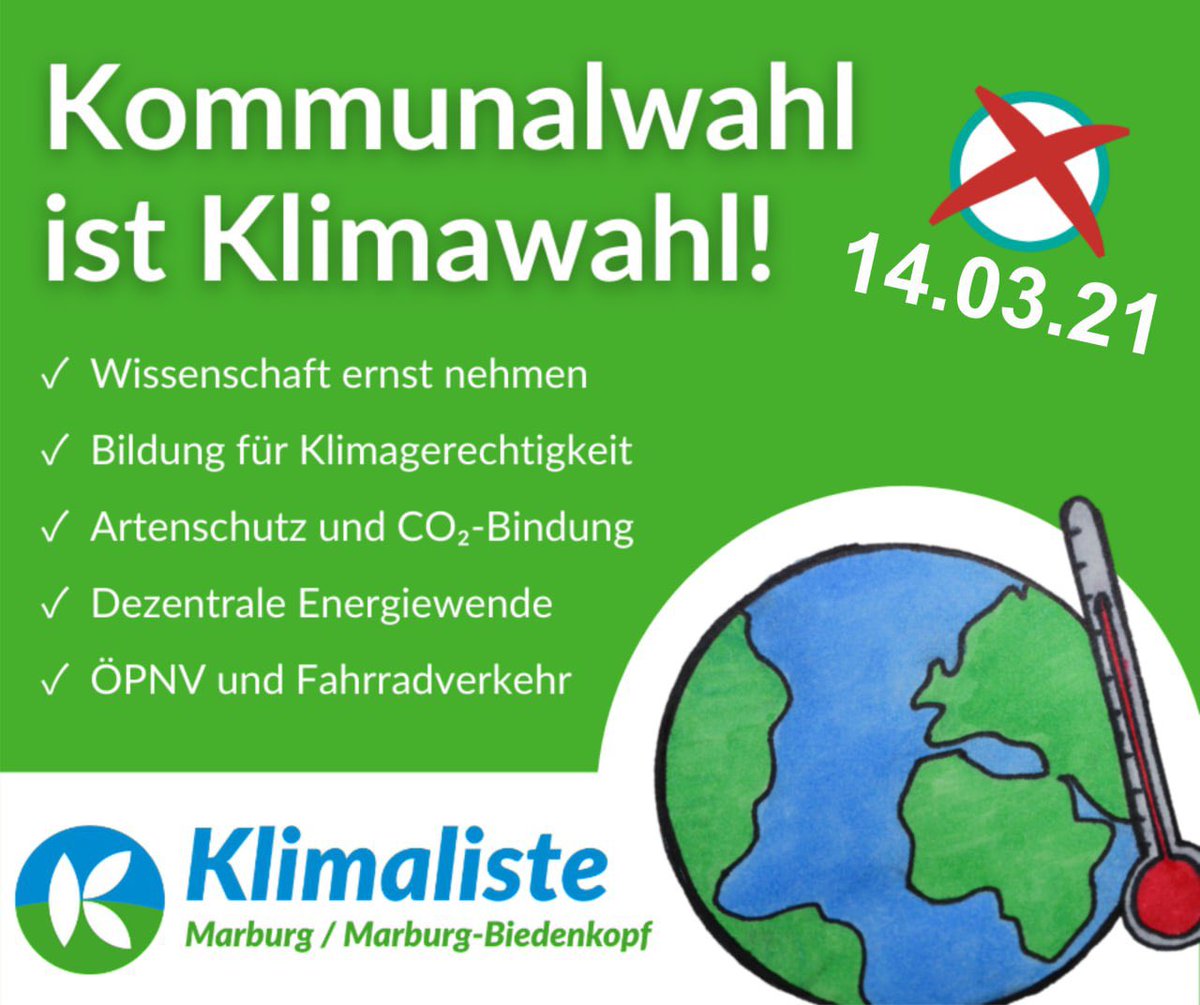 KlimalisteMR's tweet photo. Wer es bis jetzt noch nicht getan hat: Wählen 🗳 gehen! Nutzt Euer -durch Art.38GG- verbrieftes Recht auf allgemeine, unmittelbare, freie, gleiche & geheime Wahlen. Die Wahlbüros sind noch bis 18 Uhr geöffnet. Schenkt Eure Stimmen der Klimaliste! Für lokalen Klimaschutz in #MRBID https://t.co/BwUiL76wVG