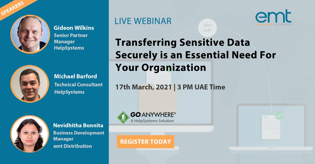 EMTMEA's tweet image. Join us for a webinar on March 17th, 2021 at 3 PM UAE time and learn why transferring sensitive data securely is an essential need for your organization.
Register here - zcu.io/2oNt
#helpsystems #goanywhere #managedfiletransfer #cybersecurity
@HelpSystems @EMTMEA