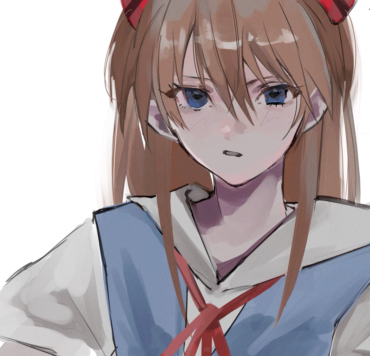 souryuu asuka langley 1girl solo blue eyes white background long hair looking at viewer school uniform  illustration images
