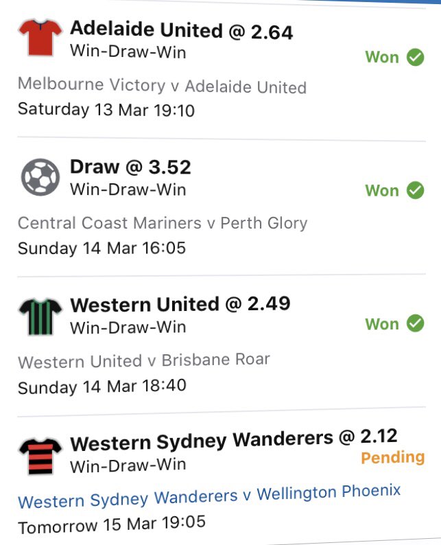 ausportstrends's tweet photo. Some of you may remember that I’m a special ed teacher. My student “Billy” is autistic and a massive A League fan. It’s all he talks about. He gave me his tips for this weekends matches.

I put them in a $2.50 multi. 

It’s now a WSW win away tomorrow night from cashing at 188-1. https://t.co/7cnTdDI8pI