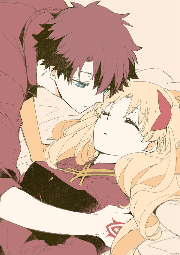 ereshkigal (fate) ,fujimaru ritsuka (male) 1girl 1boy blonde hair command spell blue eyes closed eyes sleeping  illustration images