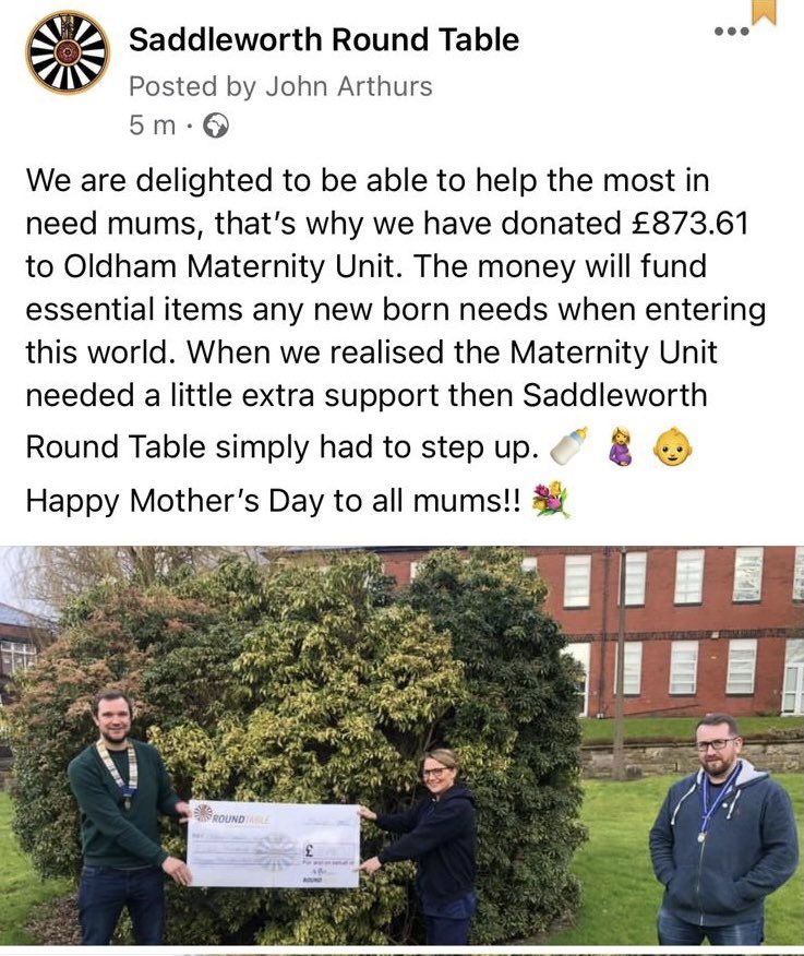 Helping those mums in greatest need. We’ve donated £873 to Oldham Maternity Unit #NHS. #happymothersday to all fabulous mums! #OldhamHour @RoundTableBI #Supportoldham #saddleworth