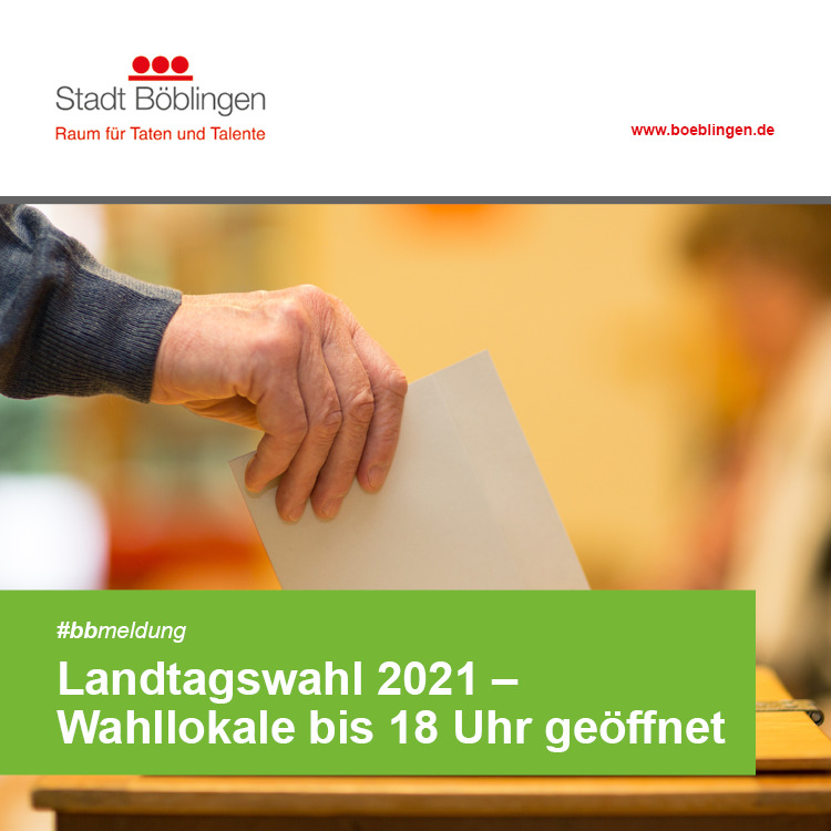 #bbmeldung: Heute ist #Landtagswahl 2021 in Baden-Württemberg!

Wahlräume bis 18.00 Uhr geöffnet.

Hinweise zu Regelungen vor Ort und weitere Informationen: boeblingen.de/wahlen2021

#stadtbb #stadtböblingen #wahlen #wahl #landtagswahl2021 #böblingen #dagersheim #corona