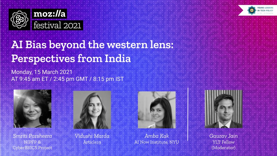 Additional seats released for the #MozFest session with  <a href="/ambaonadventure/">Amba Kak</a>, <a href="/VidushiMarda/">Vidushi Marda</a> and <a href="/SmritiParsheera/">Smriti Parsheera</a> about AI implementation and governance from a non-western perspective. 
Happening tomorrow at 9:45 ET / 2:45 GMT / 20:15 IST 
Register now: schedule.mozillafestival.org/session/T99EW7…