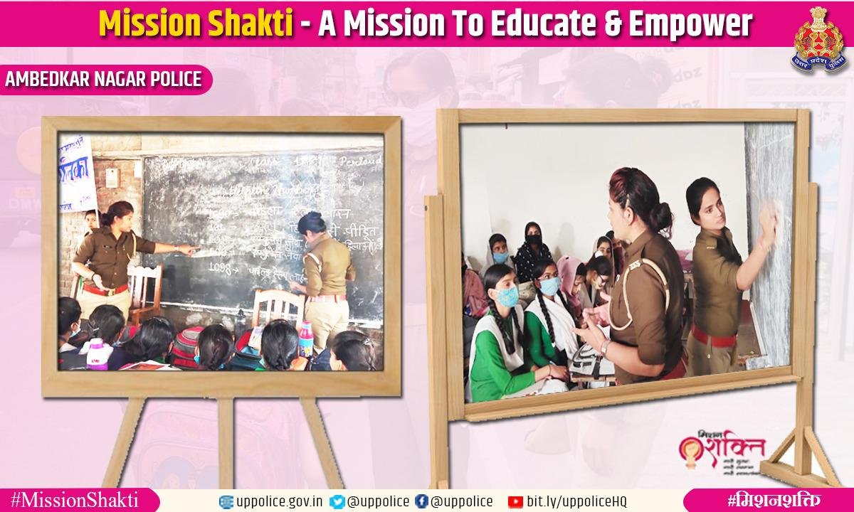 Uppolice's tweet photo. The female constables of @ambedkarnagrpol briefing children school children about various Police helplines as part of #MissionShakti outreach programme !   
#UPPCares 
#UPPolice https://t.co/c3WPbcrIbW