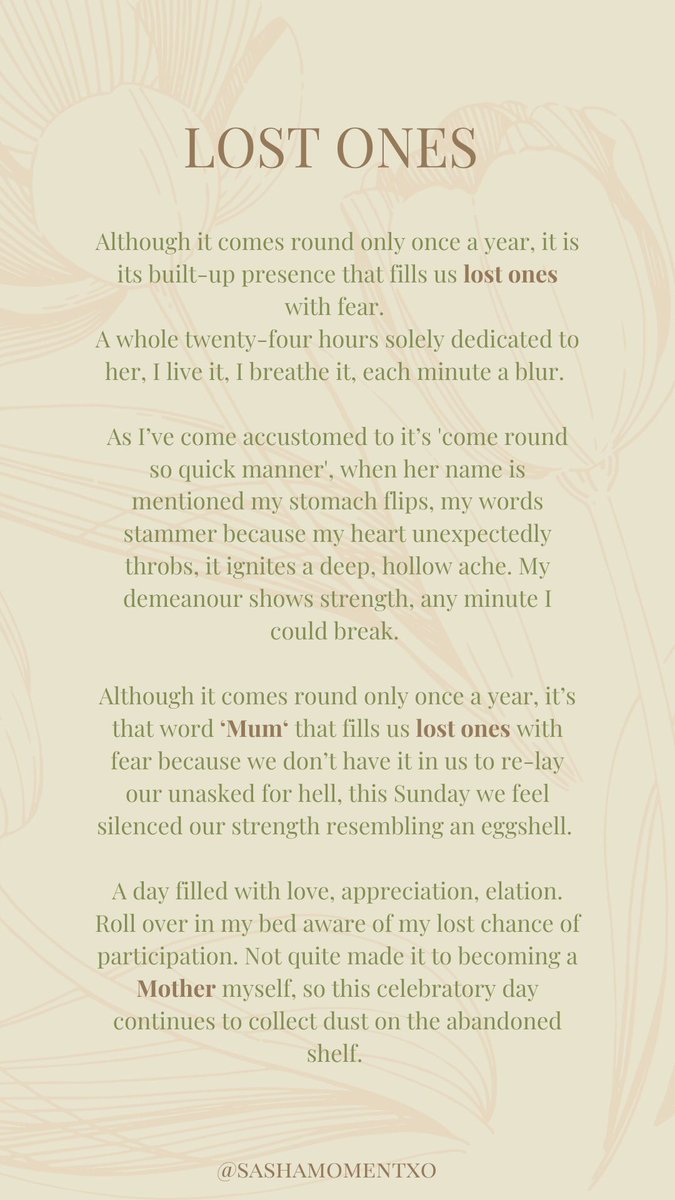 SashaMoment's tweet photo. For my other lost ones on earth who around this time find themselves pretending not to pay attention to the Mother’s Day adverts &amp; wanting the ground to swallow them up every time they walk into the pink, floral supermarkets with the word ‘Mum’ plastered everywhere, You are seen. https://t.co/l4zKZtdq0F