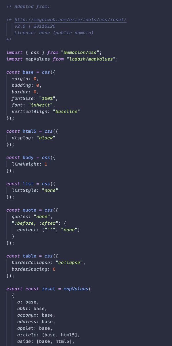 CSS resets don't have to be globally scoped! Here's an example where I've taken the famous Eric Meyer reset and locally scoped it using <a href="/emotioncss/">emotion</a>.

CodeSandbox demo: codesandbox.io/s/happy-mounta…