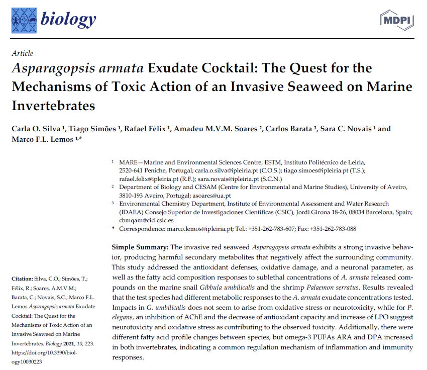 Lemos_lab's tweet photo. ๐ข๐ฅ HOTHOT, @Lemos_lab released a new ๐ฐ
on how invasive #seaweed Asparagopsis armata released compounds impact coastal #biodiversity ๐ฆ๐ฆ๐๐ฆ
Full paper:
https://t.co/tPgpXauXME
#MarineInvaders #FCT #project & ๐ช๐บ@projectAMALIA
@MARE_centre @ESTM_IPL @EU_MARE @EU_EASME #EMFF https://t.co/26Hm9rgAIk