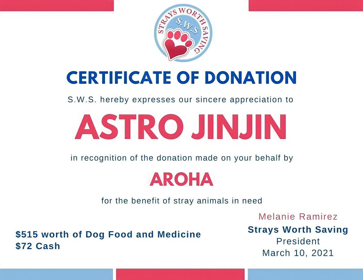 TeamJinJin's tweet photo. 🐶FEED A FURRY FRIEND🐶
#JINJIN 2021 BIRTHDAY PROJECT

Thank you so much to all those who generously donated &amp; supported our project! #나의빛이되어준_진진_생일축하해 Thank you for making his birthday extra meaningful this year!💜

@offclASTRO #ASTRO #아스트로 #진진 #아스트로진진 https://t.co/cdetnT44zF