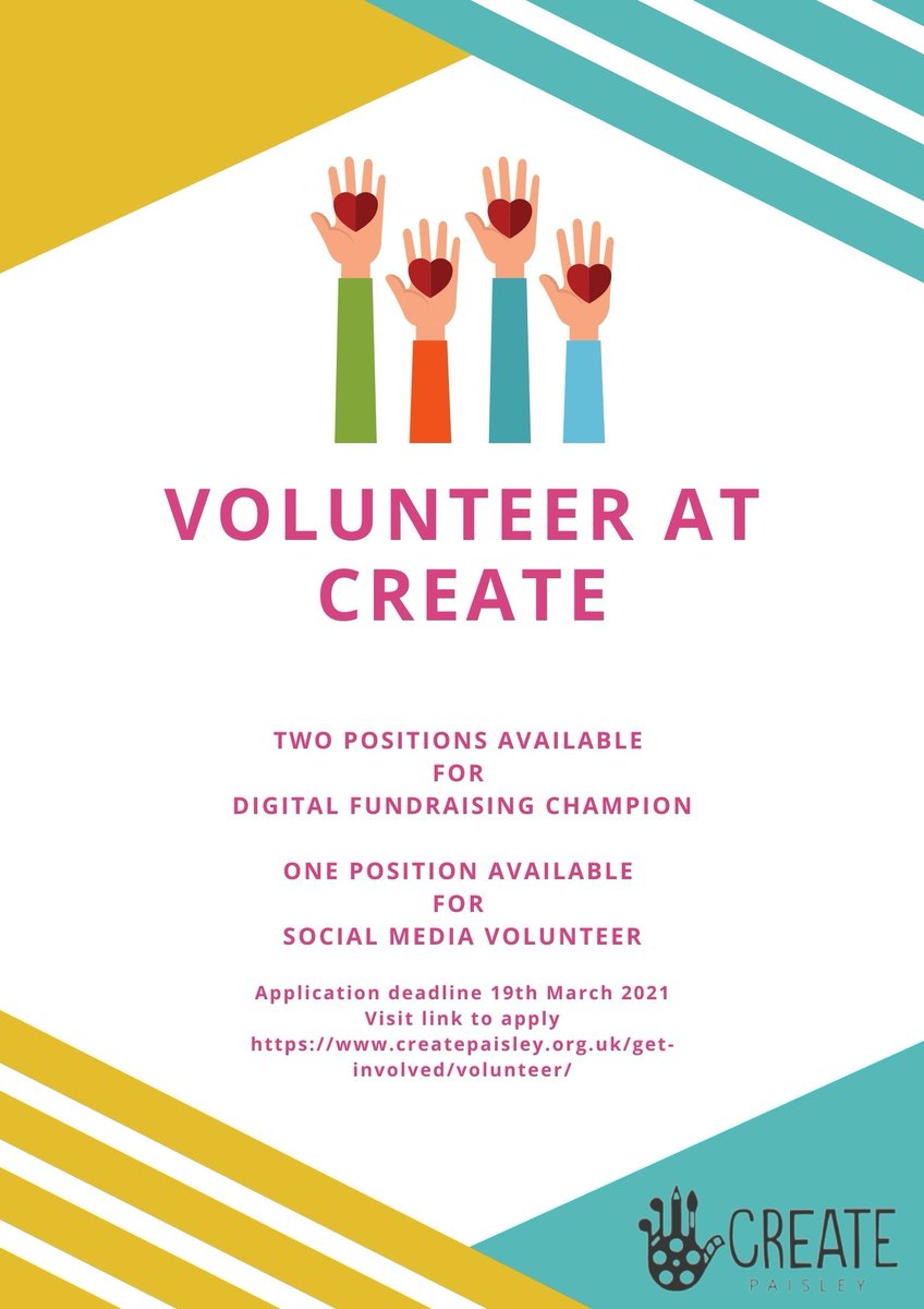 createpaisley's tweet photo. 👉 Volunteer Opportunity!
We're delighted to offer THREE volunteering opportunities, one position Social Media Volunteer and Two Digital Fundraising Champion!
Visit Link https://t.co/Ewtsi0ALNI
Deadline is Friday 19th of March
Any further info email beth.ross@createpaisley.org.uk https://t.co/cQFoetPPMO