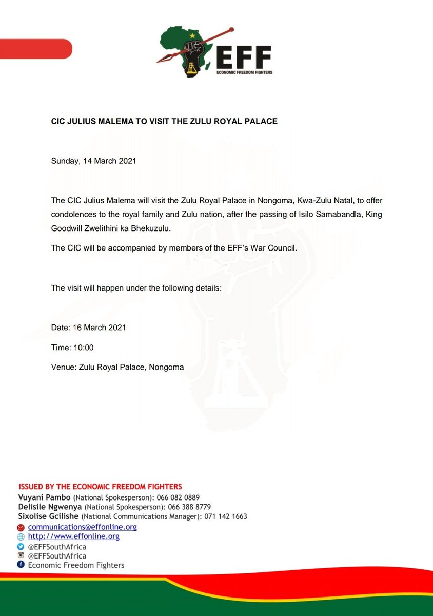 EFFSouthAfrica's tweet photo. CIC @Julius_S_Malema To Visit The Zulu Royal Palace https://t.co/X6zPtPZZoI