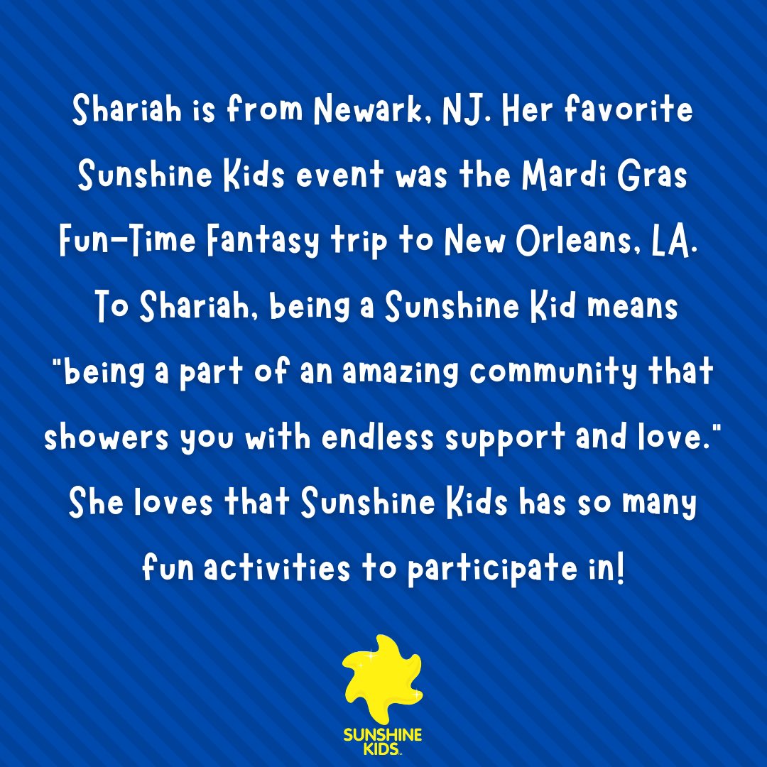 SunshineKidsOrg's tweet photo. Everything is FINE where there is #sunshine ☀️ Meet Sunshine Kid Shariah from Newark, NJ! Check out what being a Sunshine Kid means to her! 💛 #sunshinekidsunday #sskneworleans #sundayfunday https://t.co/mVHg79Yt4i