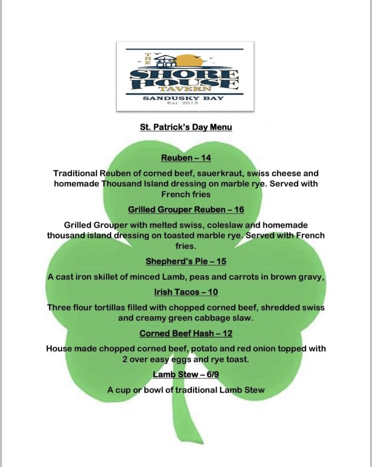 ShoreHouseTav's tweet photo. Good Morning! It is brunch time down here at Shore House. But also wanted to take this time to show you our St. Patrick's Day menu! We will be open from 11am to midnight on St. Patrick's day with all this delicious food and plenty of booze to celebrate! Can't wait to see you all! https://t.co/KRiZ2ts2d7