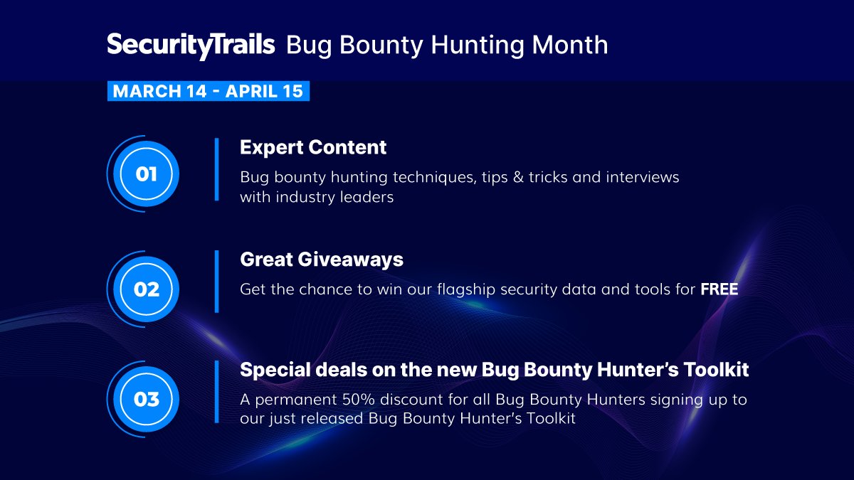 Aaand it's here - SecurityTrails Bug Bounty Hunting Month has officially started!

We're celebrating bug bounty hunters in a big way: expert content, special giveaways and deals. Catch us today at #NahamCon2021, 9 AM PST, for an exclusive deal on the Bug Bounty Hunter's Toolkit🔥
