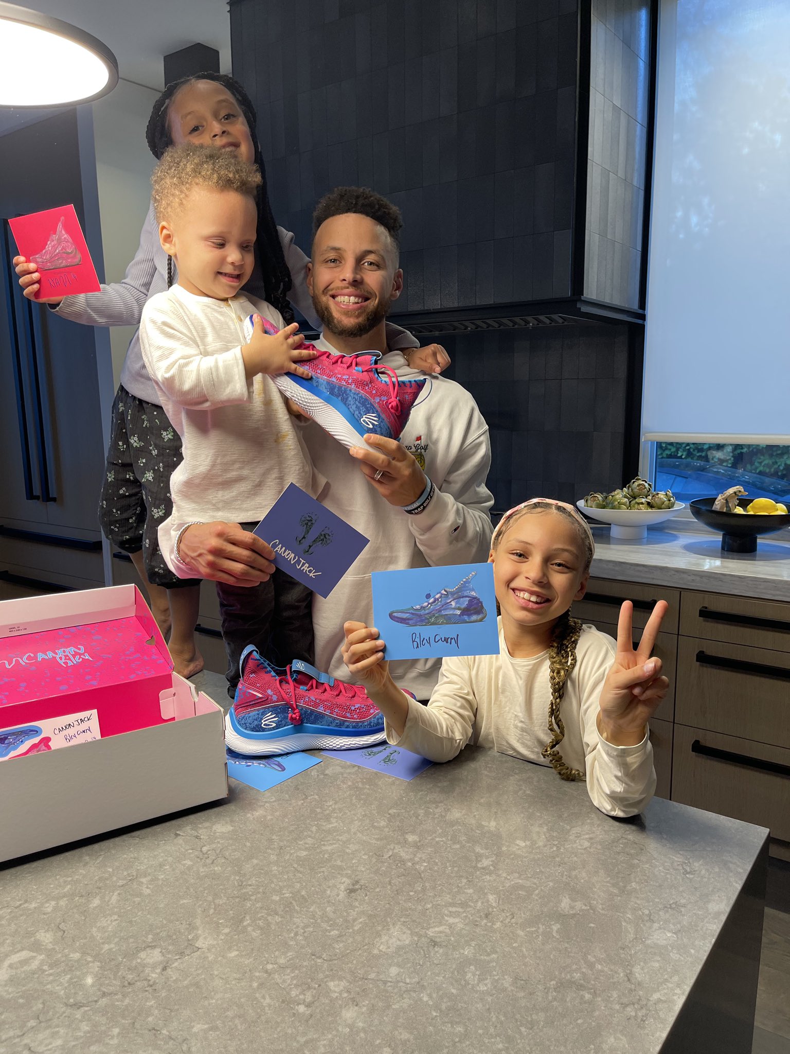 Stephen Curry on X: "My kids came through in the clutch with a nice  surprise for the 33rd Bday. Had no clue they knew how to design some shoes,  but the scavenger