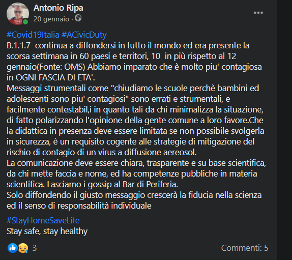 antonioripa's tweet photo. #ACivicDuty #Covid19Italia
20 Gennaio 2021
Cosi' scrivevo sulla mia pagina Facebook
La stupiditià umana è la piu' grande minaccia al progresso ed al benessere
#StayHomeSaveLife
Stay safe, stay healthy https://t.co/OHaLR2sHGq