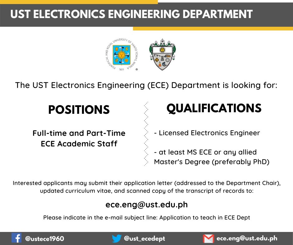 ust_ecedept's tweet photo. Good day!

The UST Electronics Engineering (ECE) Department is looking for Full-Time and Part-Time Academic Staff!

Be part of our growing family! #JobsAtUST https://t.co/5YbnCPKKsd