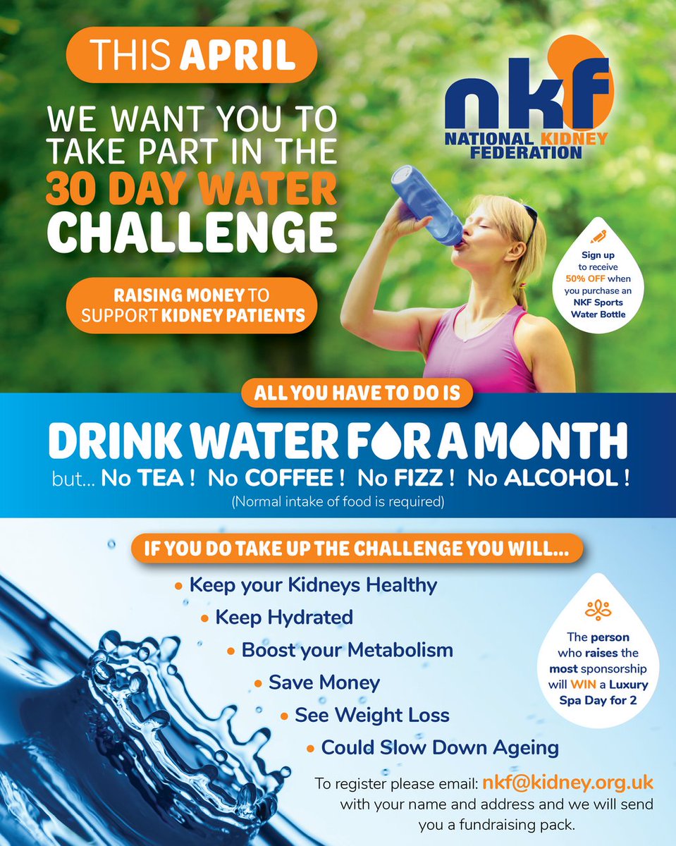 NKF_UK's tweet photo. We need your support this April!

Take part in our #WaterChallenge and raise vital funds for people living with kidney disease.

All we ask you to do is drink water for a month. It’s that simple!

Sign up at https://t.co/RYaA0YtJdH. https://t.co/0VZTbv7kBd