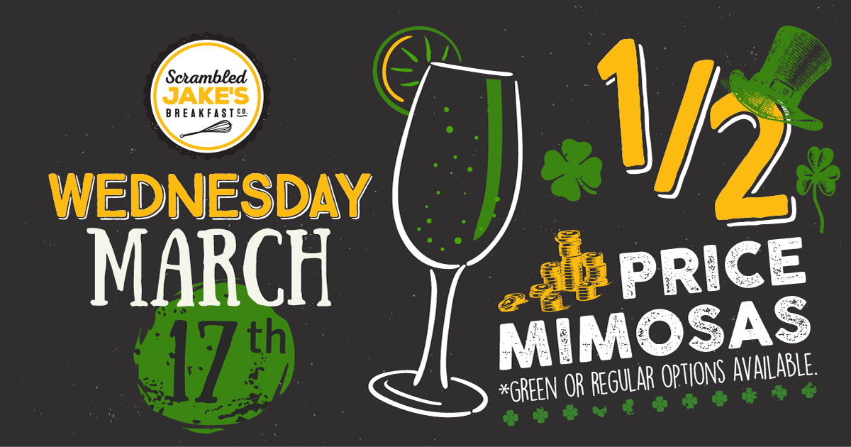 scrambledjakes's tweet photo. Nothing luckier than half-price mimosas at your favorite brunch place. Come on in and celebrate #StPatricksDay with us! #Knoxville #KnoxRocks #KnoxvilleBrunch https://t.co/LijnMJ6z75