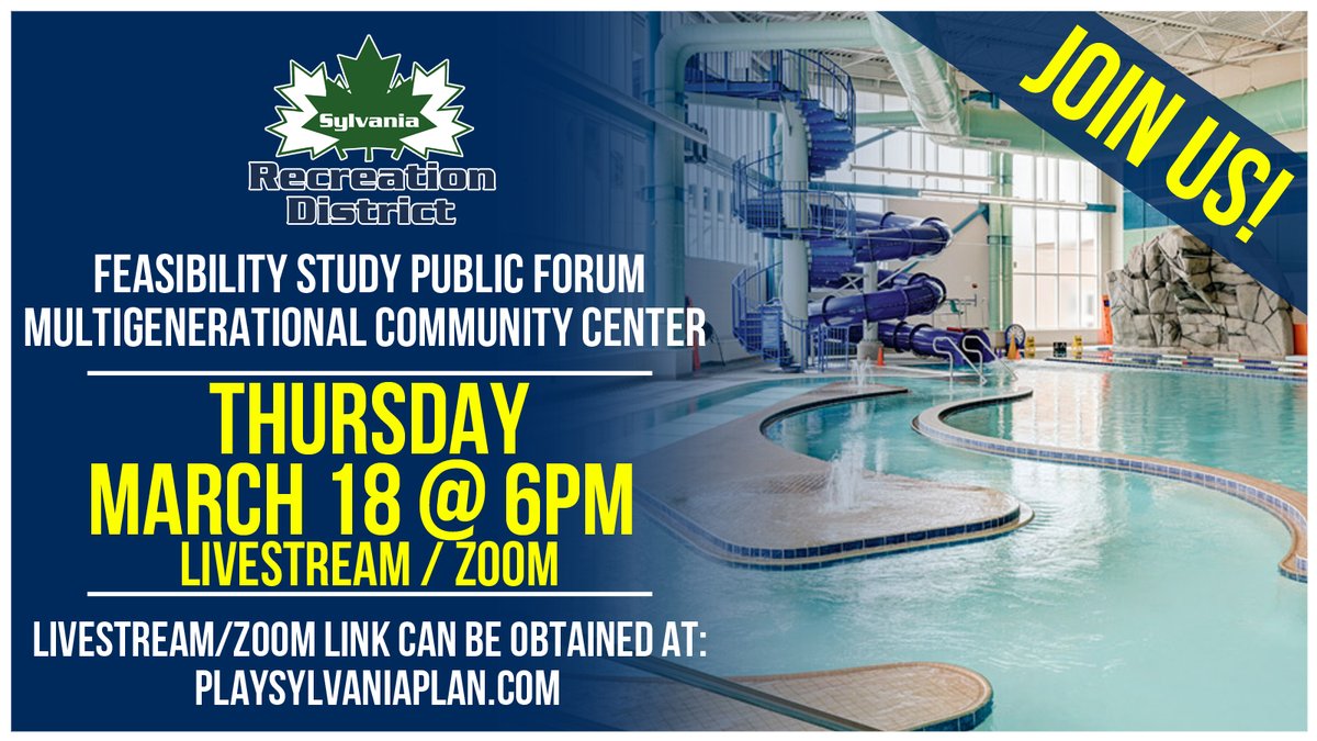 An informational PUBLIC FORUM will be held on Thurs. March 18th @ 6pm, regarding the potential development of a Multigeneration Community Center in Sylvania. Join us for this exciting discussion. For more information go to: playsylvaniaplan.com/participate/
