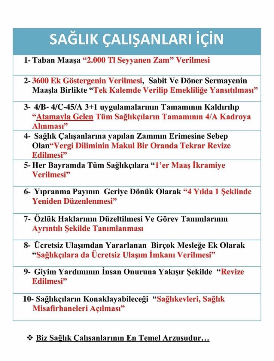 #14MartTıpBayramı
#SağlıkOrdusuna60BinŞart
♦️Sağlıkçıya Acil 60 bin Atama istiyoruz 
♦️Tüm Sözleşmeliye Kadro 
♦️Sağlıkçılara 2000tl Seyanen Zam 
♦️Tüm Sağlıkçılara 3600 Ek Gösterge
♦️ Tüm Sağlıkçılara Yıpranma payı
<a href="/drfahrettinkoca/">Dr. Fahrettin Koca</a> <a href="/RTErdogan/">Recep Tayyip Erdoğan</a> <a href="/saglikbakanligi/">T.C. Sağlık Bakanlığı</a>