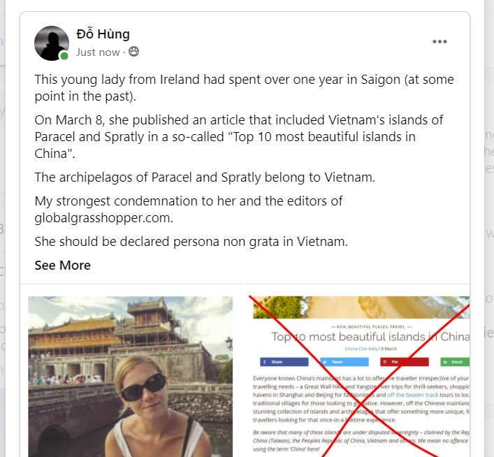 MitToDo's tweet photo. This lady from Ireland had spent over one year in Saigon.
On March 8, she published an article that included Vietnam's islands of Paracel and Spratly in a so-called "Top 10 most beautiful islands in China".
My strongest condemnation! https://t.co/4XBSb6rRfN