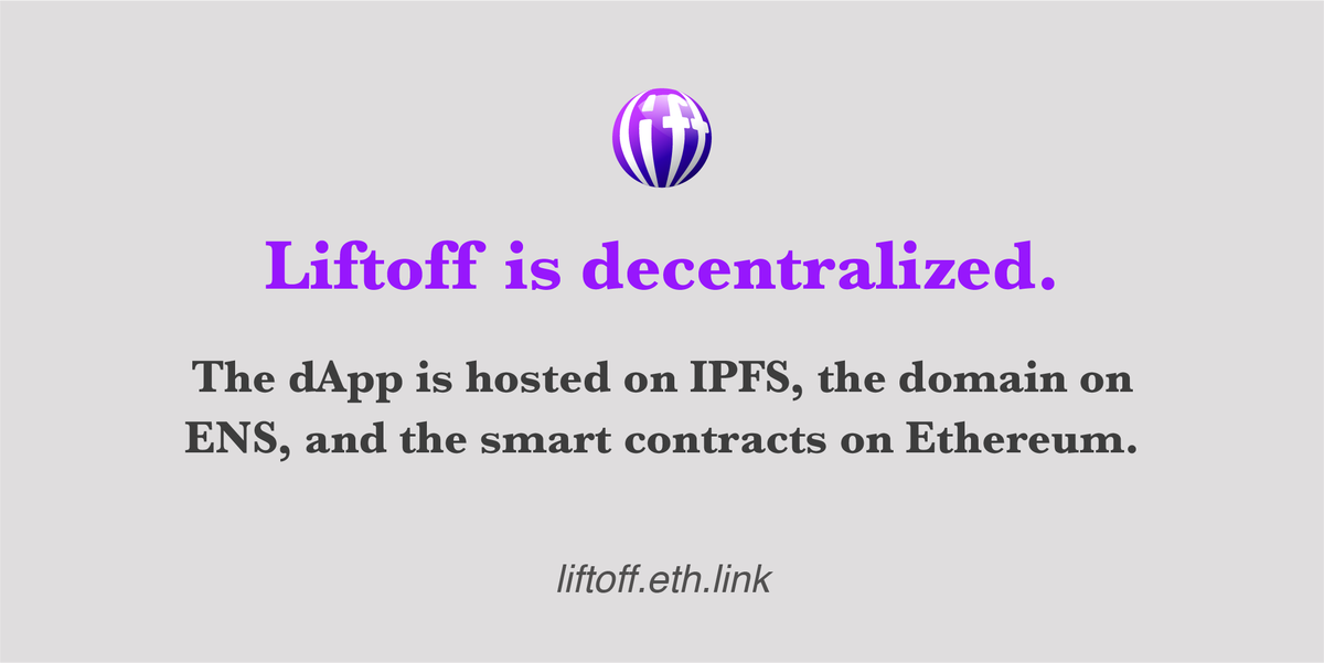 LiftoffEth's tweet photo. LiftOff is a radically decentralized platform The DApp is hosted on IPFS, the domain on ENS, and the smart contracts on Ethereum. Accordingly, the platform is uncensorable.

#LiftOff #LIFT #launchpad #rewards #crashinsurance #NFT #liquidity #penguinswap #Uniswap https://t.co/rZPnHh0Go4