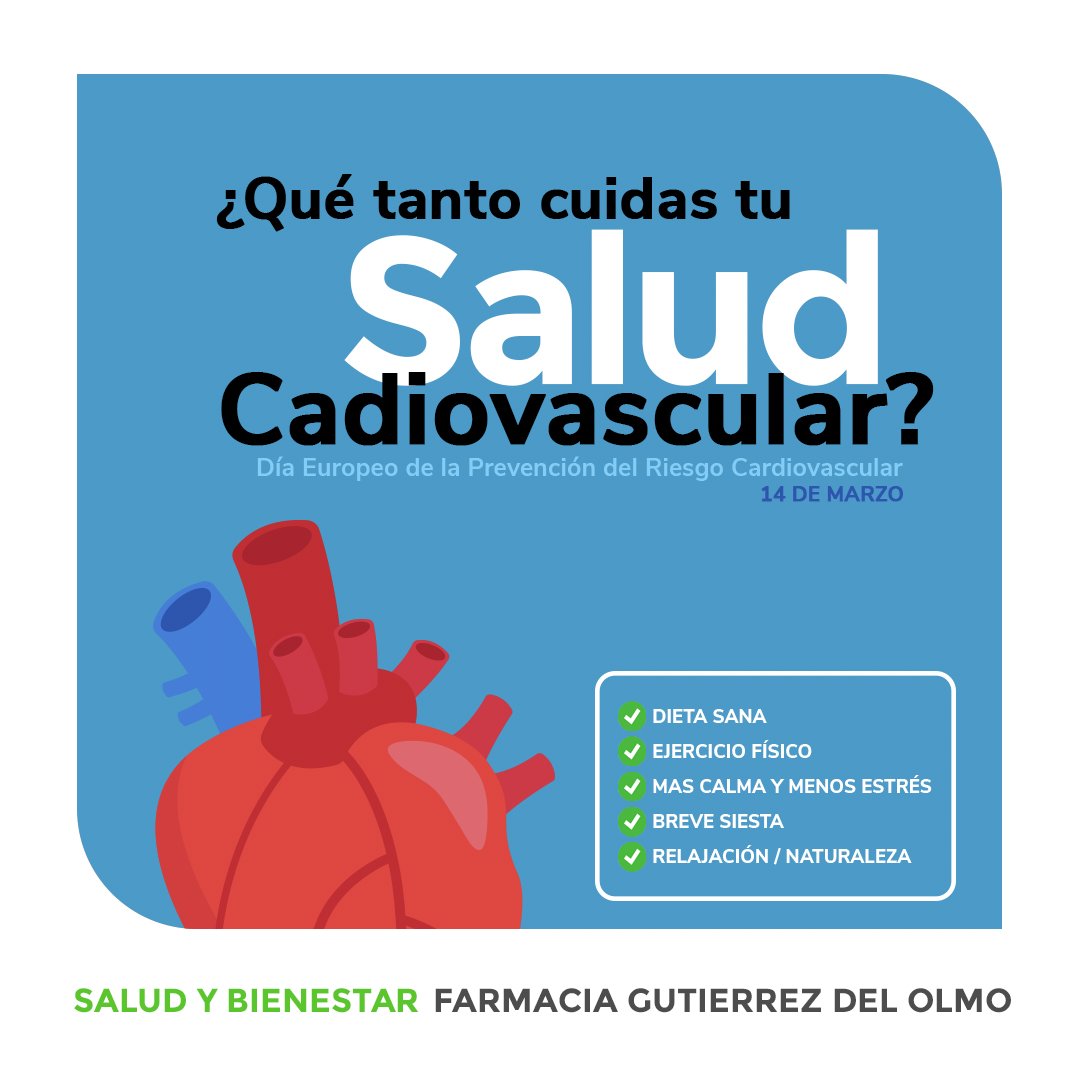 FarmaGutierrez's tweet photo. Día Europeo de la Prevención de Riesgo #Cardiovascular #14DeMarzo #saludybienestar #farmacia https://t.co/ZpiEHExfFT
