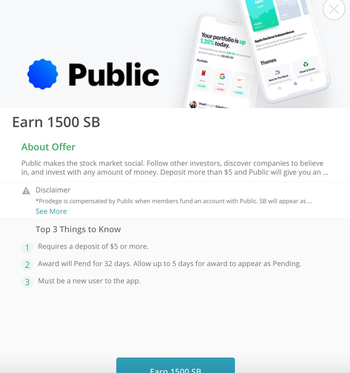 _GetFreeThings's tweet image. ONE OF MY FAVORITE OFFERS:

Sign up for Public &amp;amp; deposit $5 &amp;amp; they will give you $5 of stock plus you earn 1500 SB for signing up (equivalent to $15).

It is Public&apos;s way to incentive people to sign up.

You invest $5 &amp;amp; get $20 for free💰💰

swagbucks.com/profile/jcorde…
