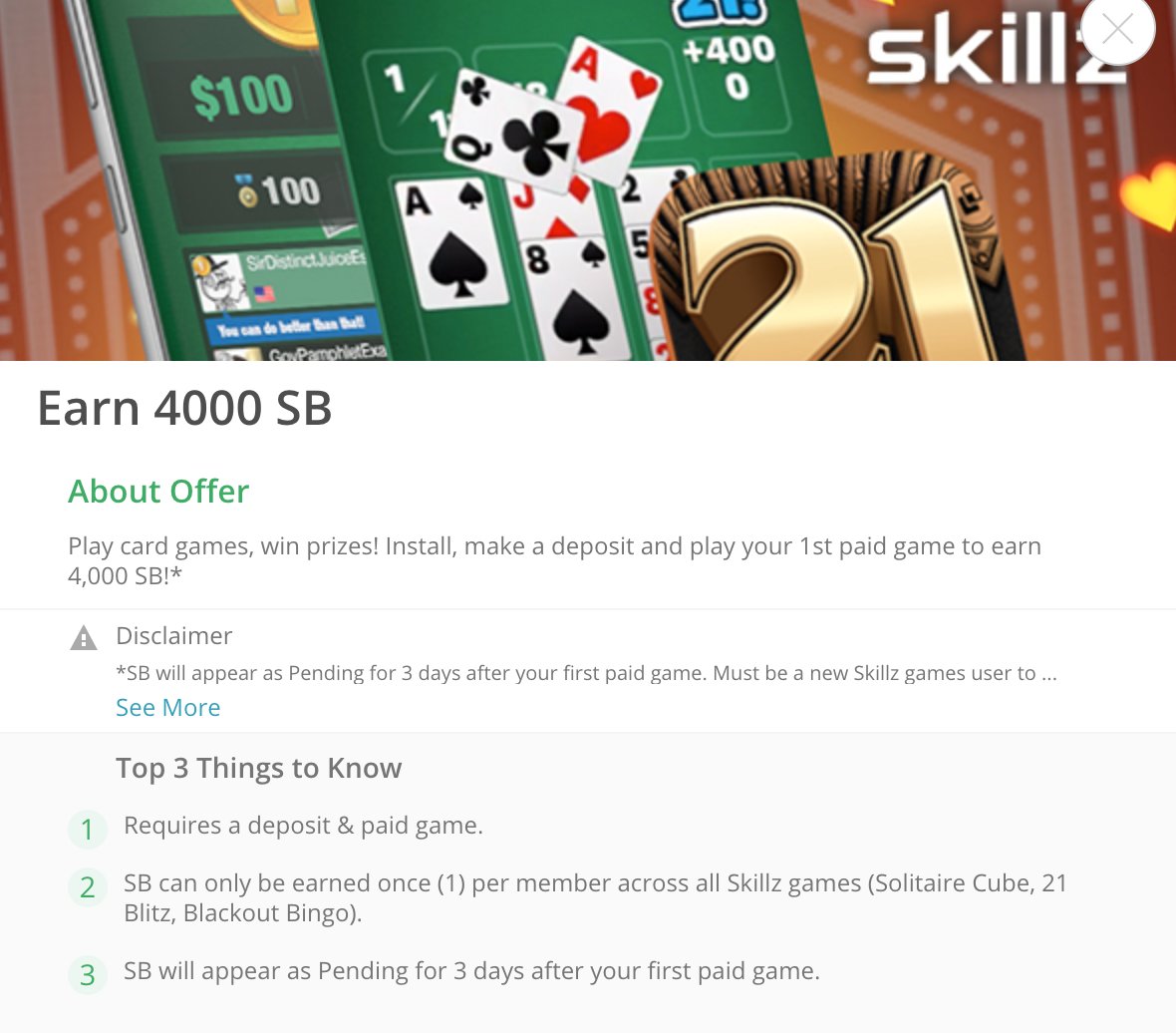 Another great offer: Play any 21 Skillz game and deposit on the app (can be as little as $2. I've done it on multiple of their apps). Then play a game with that deposit and you earn 4000 SB (equivalent to $40) swagbucks.com/profile/jcorde…