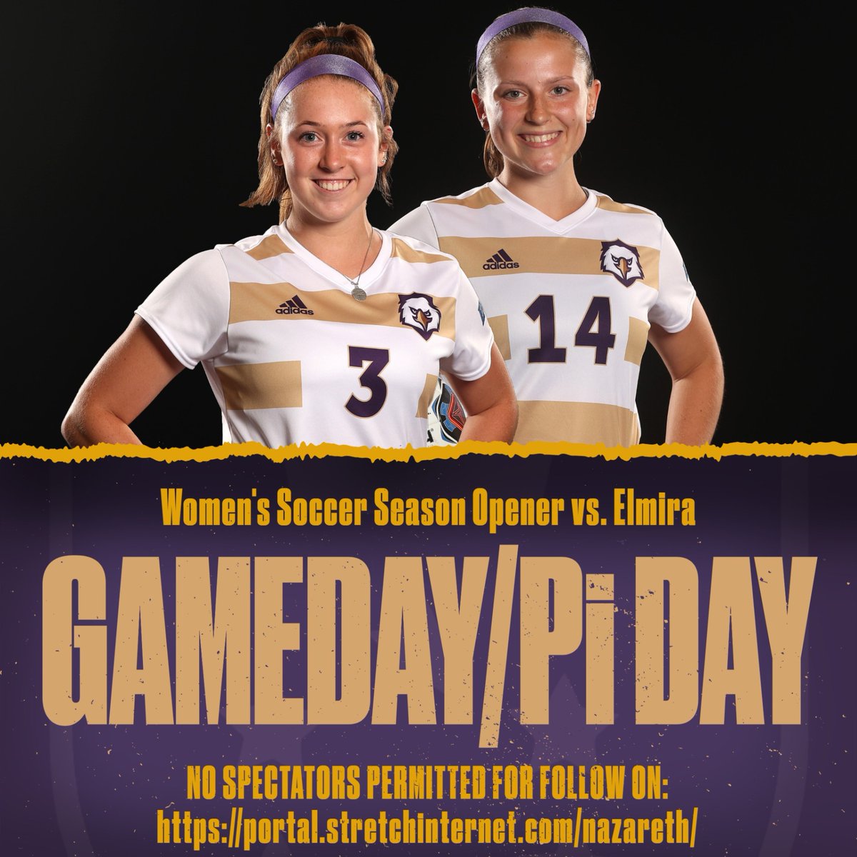 NazAthletics's tweet photo. It's Game Day on Pi Day for Women's Soccer today at noon. NO FANS ALLOWED so follow online at https://t.co/Ne8dW413C3  #NazNation https://t.co/N7ch2DDOk8