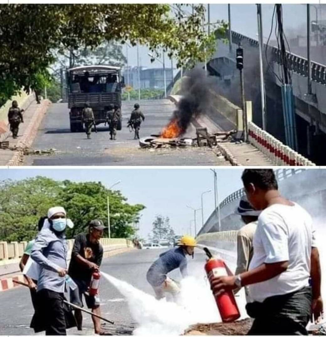 Proof photo of the military coup who set the fire and the Civilian who  extinguish the fire. 
#WhatsHappeninglnMyanmar 
#Mar14Coup