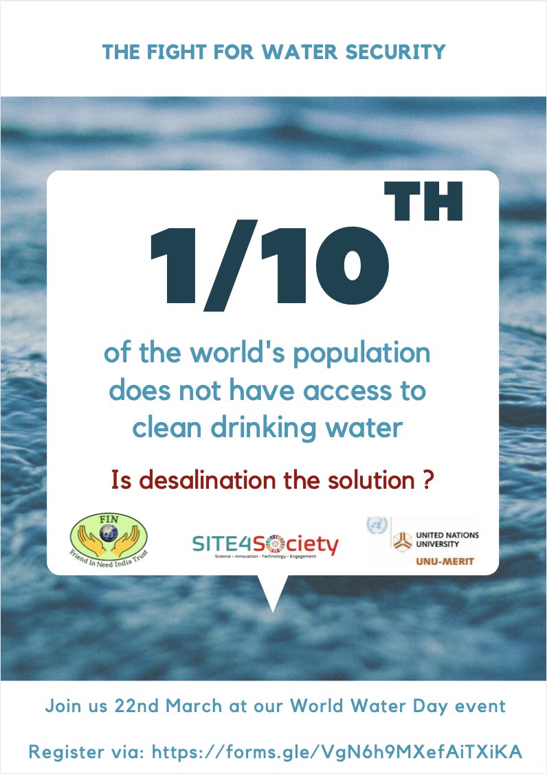 Join us on 22nd March for our #WorldWaterDay event. 

Registration via: forms.gle/VgN6h9MXefAiTX…

#WWD2021 #WaterSecurity #Desalination