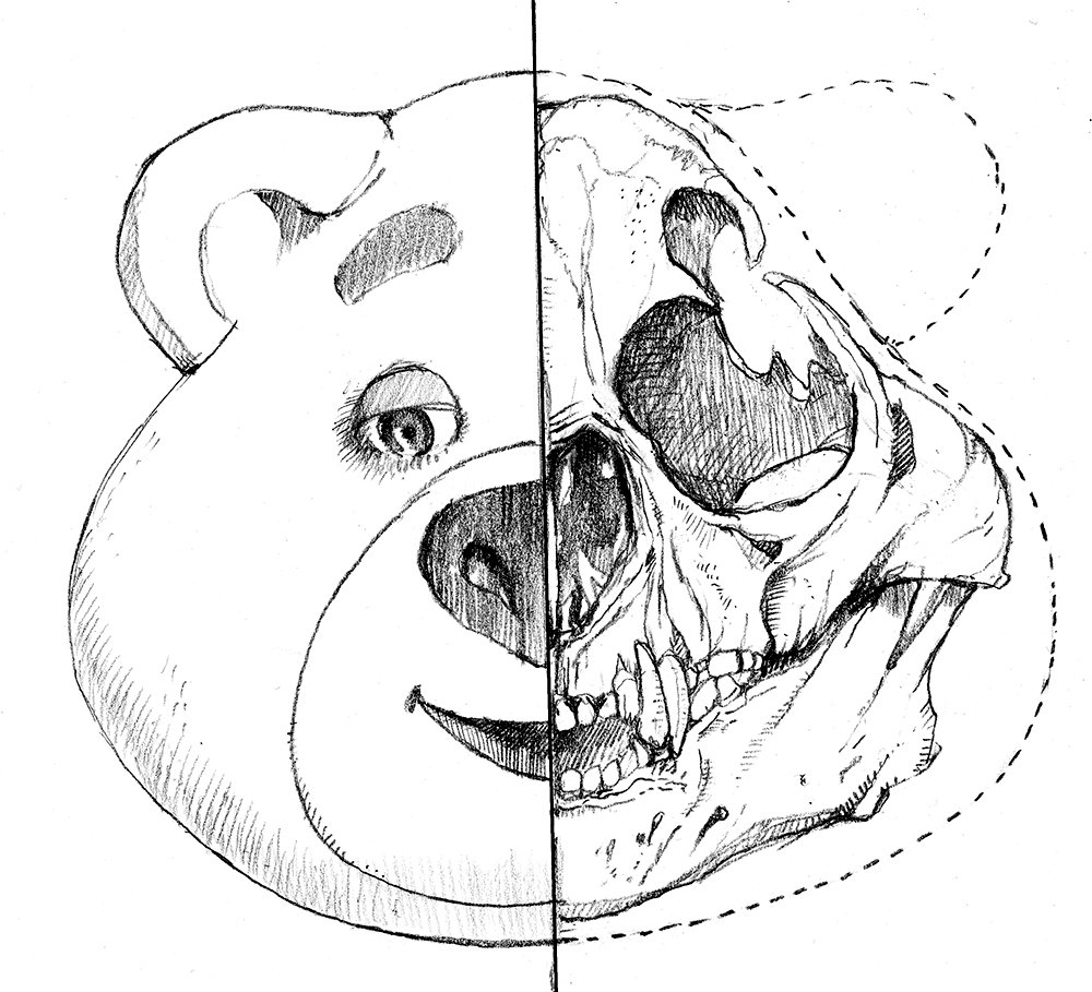 リアルな熊スカルと(自分で自宅で骨格標本にした)
ゆかいな熊キャラたちの想像スカル。 