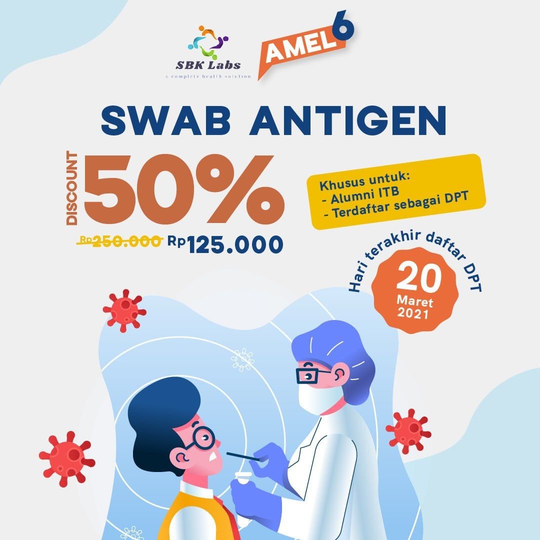 Hai Sahabat, AMEL6 bekerjasama dengan SBK Laboratorium menyediakan SWAB Antigen dengan harga spesial. Swab Antigen bisa dilakukan mulai tanggal 17-27 Maret 2021, pukul 10.00-17.00 di dua tempat berikut:

#pilihygkenalsaja #redefin6IAITB #HarmoniAlumni #pemiluiaitb2021 #iaitb