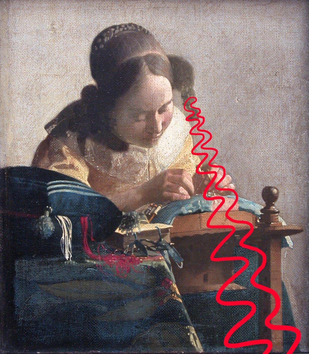 There are many other rules to pringling, however; Vermeer was a master of utilising it in his work. The spiralling hair, for example, in the lacemaker, actually continues all the way down and off the canvas and onto the gallery floor.