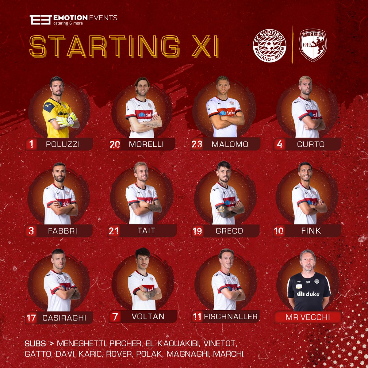 fclubsuedtirol's tweet photo. FORMAZIONE UFFICIALE⚪️🔴
L'1⃣1⃣ scelto da Mister Vecchi per la sfida contro l'@ImoleseCalcio in programma alle ⏰15.00 🏟️ "Stadio Druso"
⏰45 minuti al fischio d'inizio, seguiteci💪
#FCS #FCSüdtirol #PassioneBiancorossa #Whitereds #SerieC #passion #SUDIMO #FCSüdtirolImolese https://t.co/hRWQqSYwxR