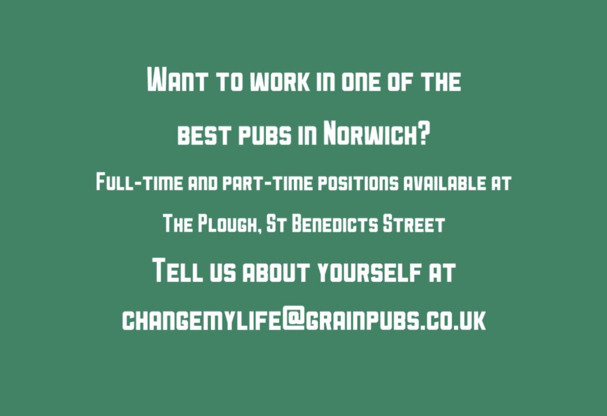 Plough Norwich (@ploughnorwich) on Twitter photo Do you think youâd make a great addition to Plough team? We are looking for new members of staff for when we reopen in April!
To apply, email us about yourself at changemylife@grainpubs.co.uk
No experience required!
#norwich #norwichcity #pubsofnorwich #hiringnow #norwichhiring Do you think youâd make a great addition to Plough team? We are looking for new members of staff for when we reopen in April!
To apply, email us about yourself at changemylife@grainpubs.co.uk
No experience required!
#norwich #norwichcity #pubsofnorwich #hiringnow #norwichhiring