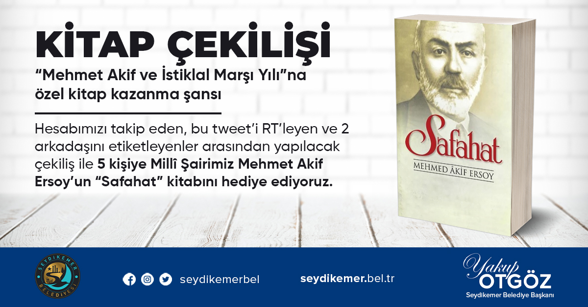 “Mehmet Akif ve İstiklal Marşı Yılı”na özel #kitap kazanma şansı📚 

✅Hesabımızı takip eden
🔃Bu tweet’i RT’leyen ve 
👫2 arkadaşını etiketleyenler 

arasından yapılacak #çekiliş ile 5 kişiye Mehmet Akif Ersoy’un “Safahat” kitabı hediye. 

🗳Sonuçlar: 16 Mart Salı ⏰ 16.00’da