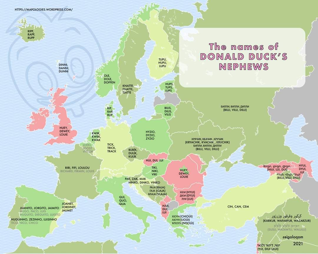 The names of Donald Duck’s nephews in European and Mediterranean languages:

Czech, French, and Croats take the prize for the best names!