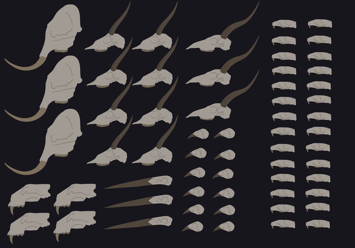This hypothetical ecosystem includes large, small, and "rare" herbivores, predators, large and small birds, and small mammals. The skulls represent how many animals per unit of area there may be (there is no set number of animals per skull, it is merely a means of comparison).