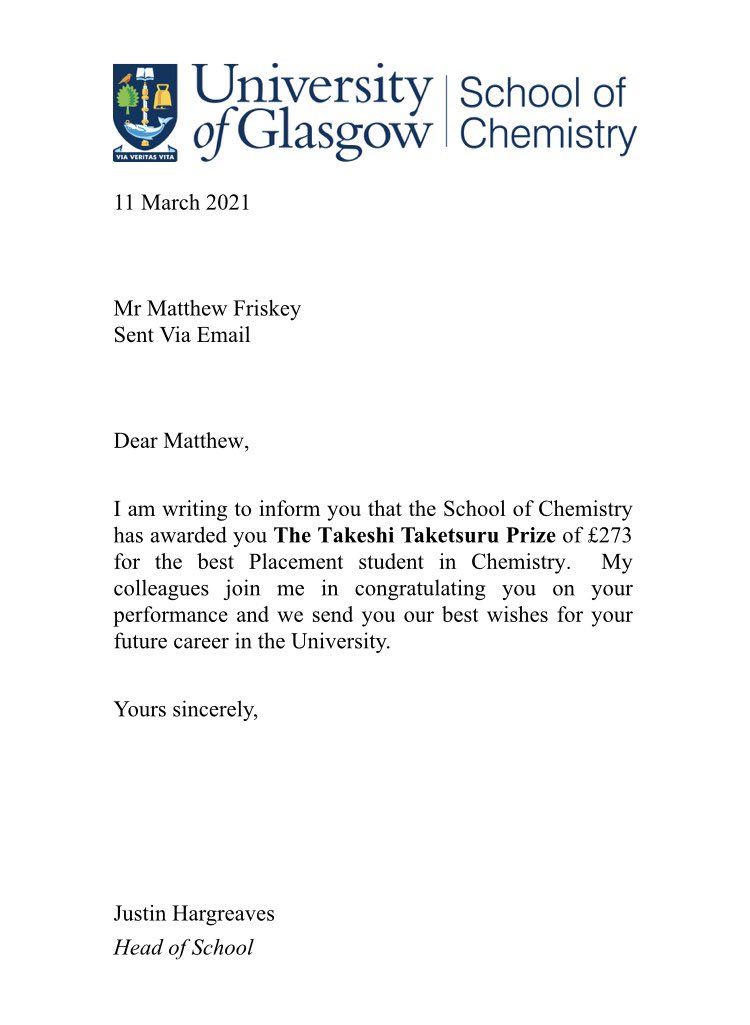 FriskeyMatthew's tweet image. Honoured to have been awarded the Takeshi Taketsuru prize from @UofGChem for my work with Dr. Cortes in Belgium for @Agfa_Inkjet.
A wonderful surprise to cap a brilliant placement!