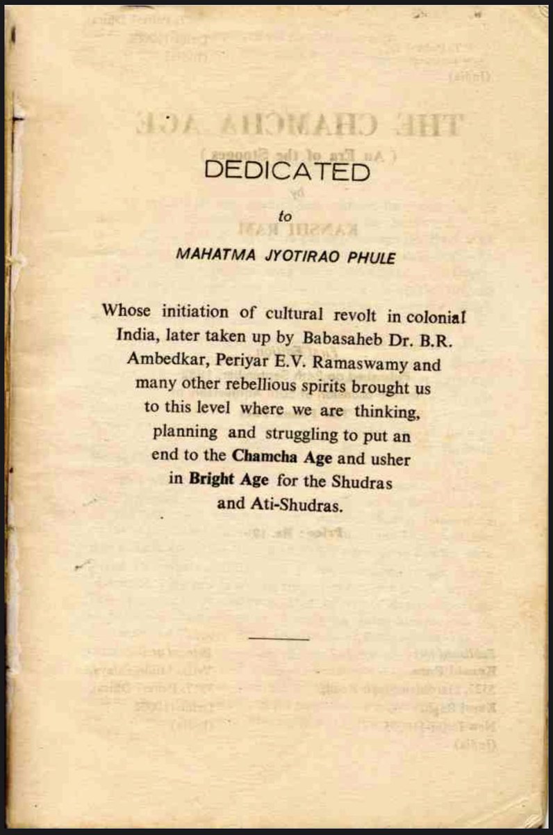 nitinmeshram_'s tweet photo. Chamcha Age was written by Saheb Kanshiram to end Chamcha Age &amp; to lead Bahujan Samaj to Bright Age. The book is dedicated to Mahatma Jyotirao Phule whose mission was later inherited &amp; led by Babasaheb Dr Ambedkar, and Periyar.

Cover page of #ChamchaAge &amp; dedication. https://t.co/xmrP7Axba5